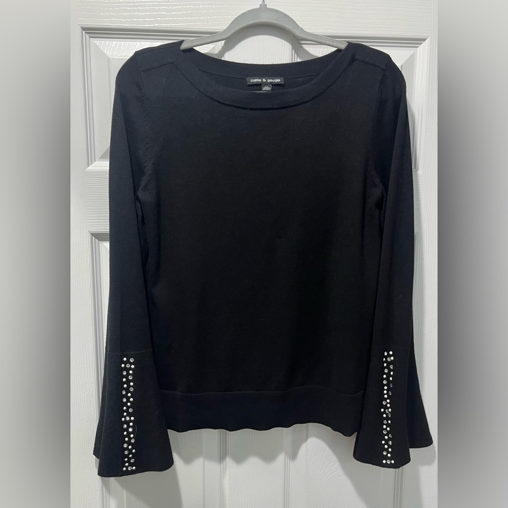 Sweater Black Embellished Bell Sleeve w/ Pearls & Rhinestones Size Small